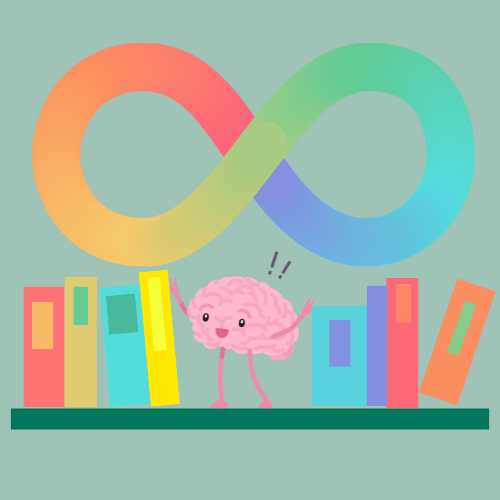 brain character amongst books with autism symbol above them