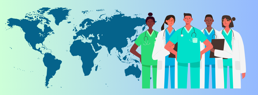 Map of the world with images of healthcare staff